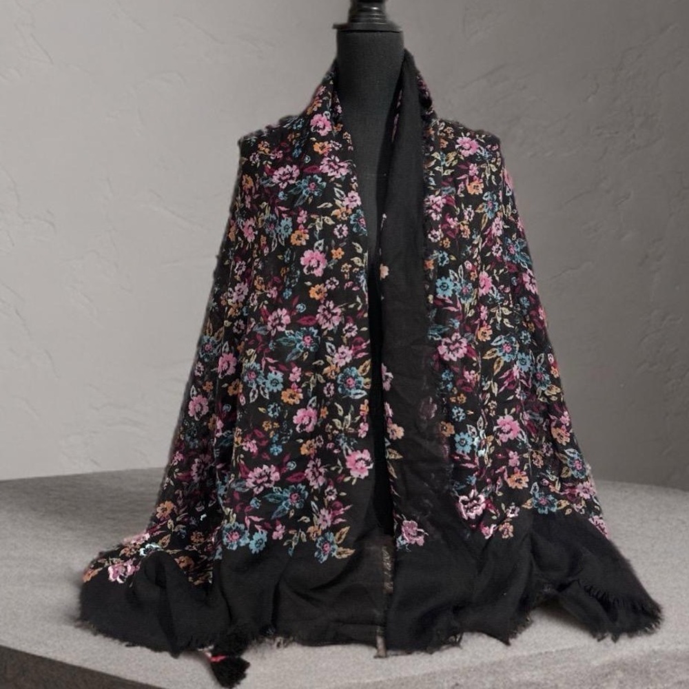 Boho Floral Tassel Scarf – Large Black Pashmina Style Shawl Pink & Blue Flowers - Picture 7 of 17
